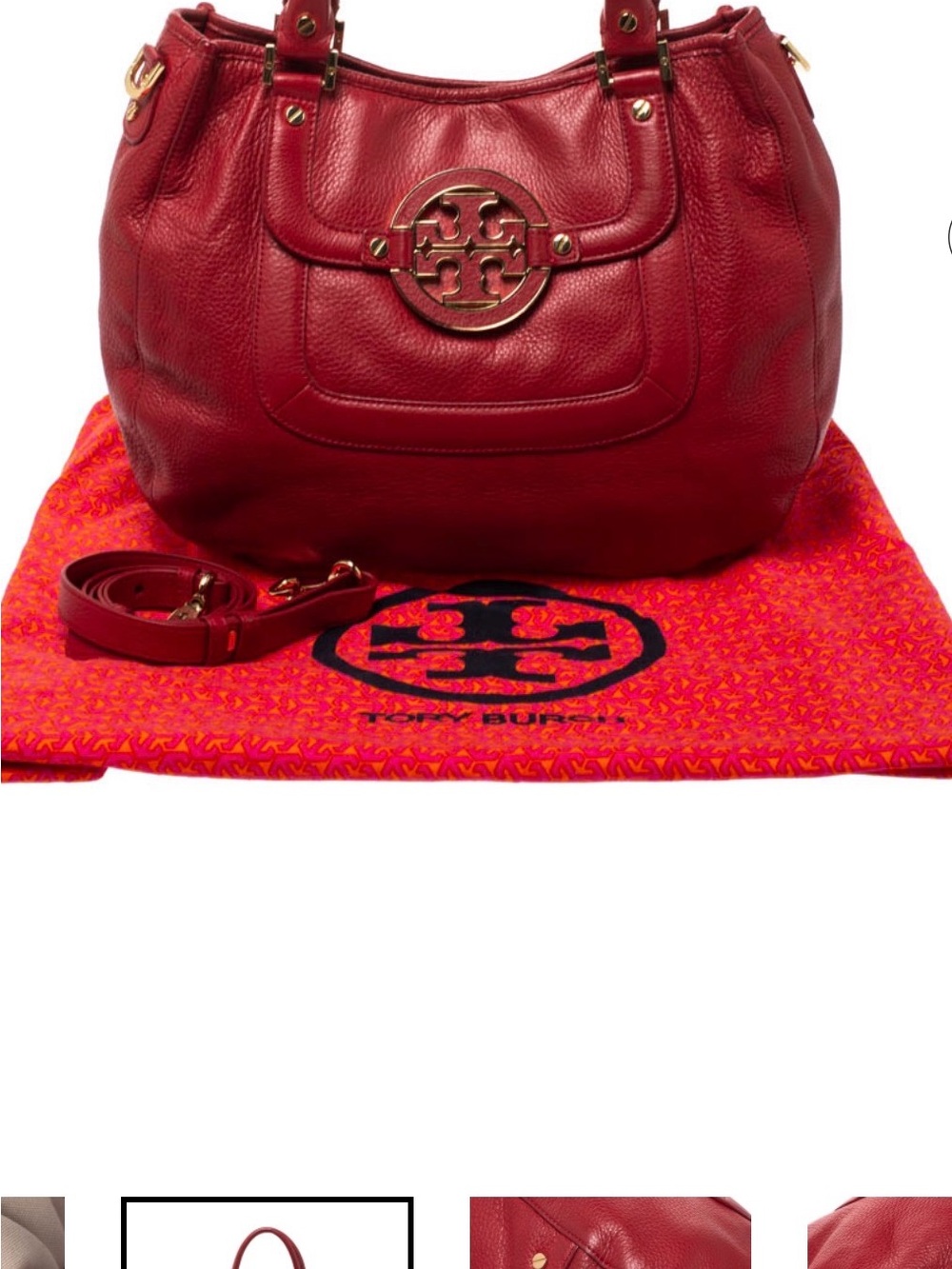 Tory Burch Red Pebbled Leather Shoulder Bag with Gold Logo